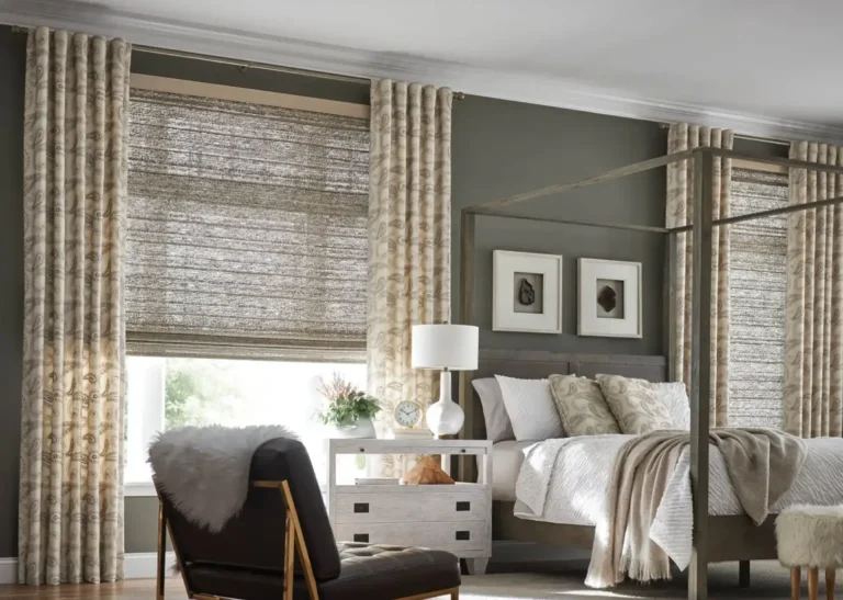 Drapery Layered with Woven Shades in Bedroom