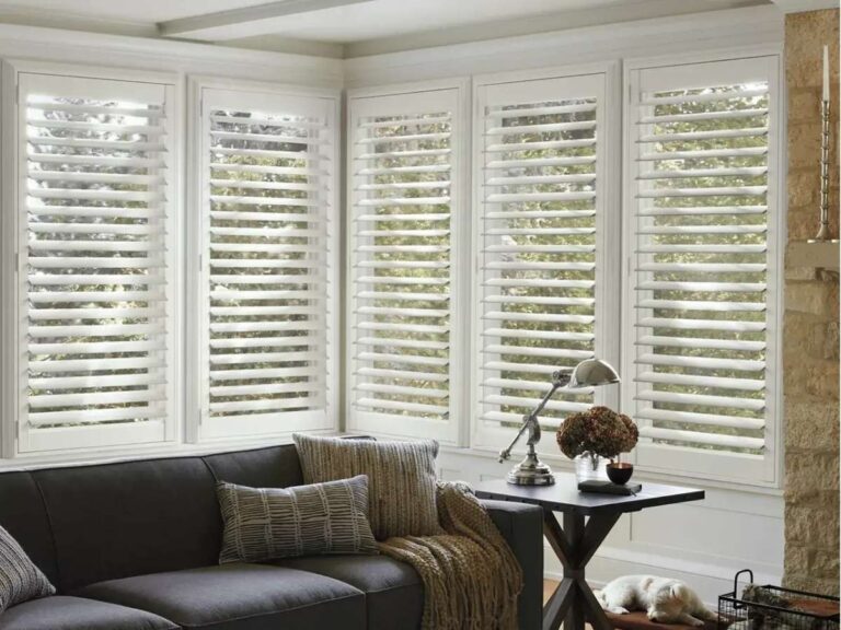 white composite shutters in a living room