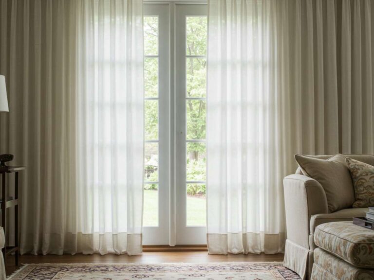 Drapery layers framing sliding glass doors