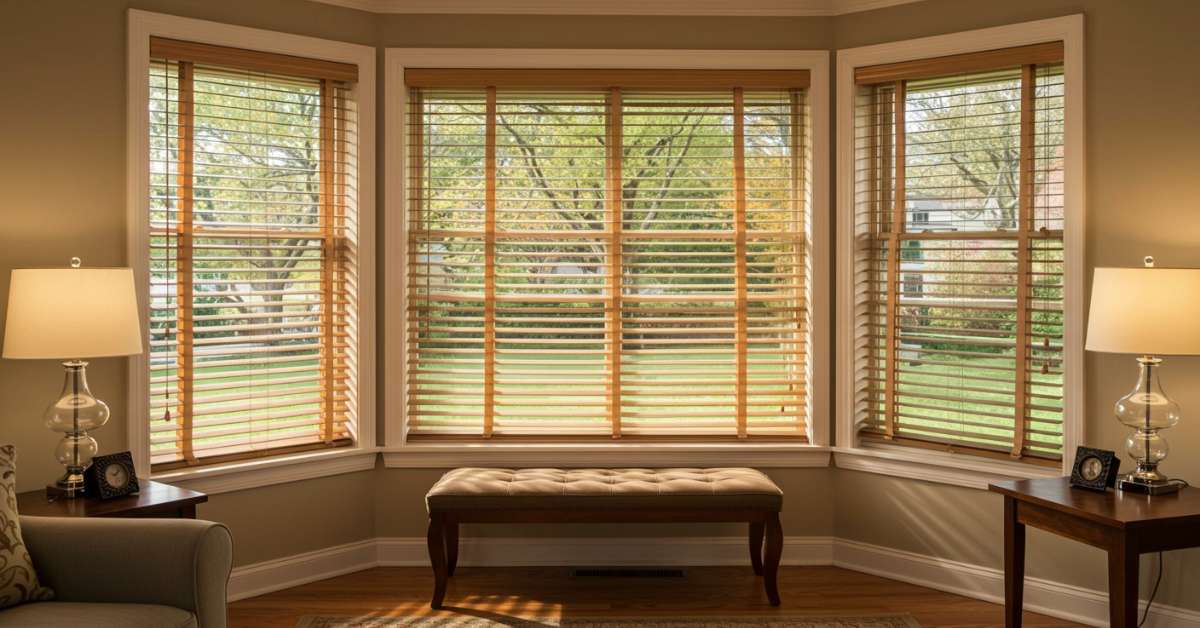 Cozy bay window with wooden blinds.