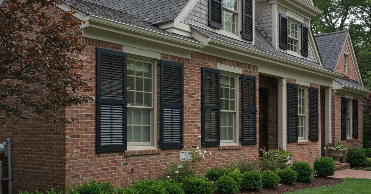 brick house with black exterior shutters