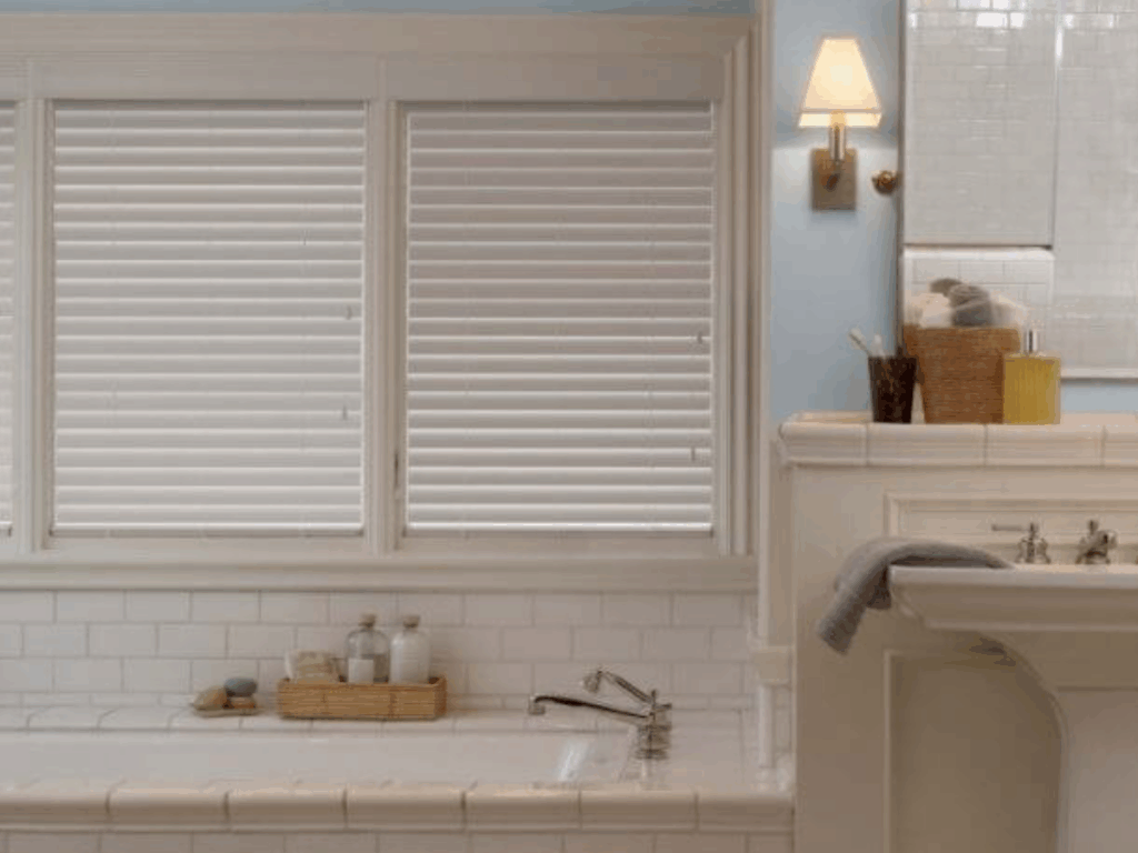 Alta Faux Wood Blinds in Bathroom