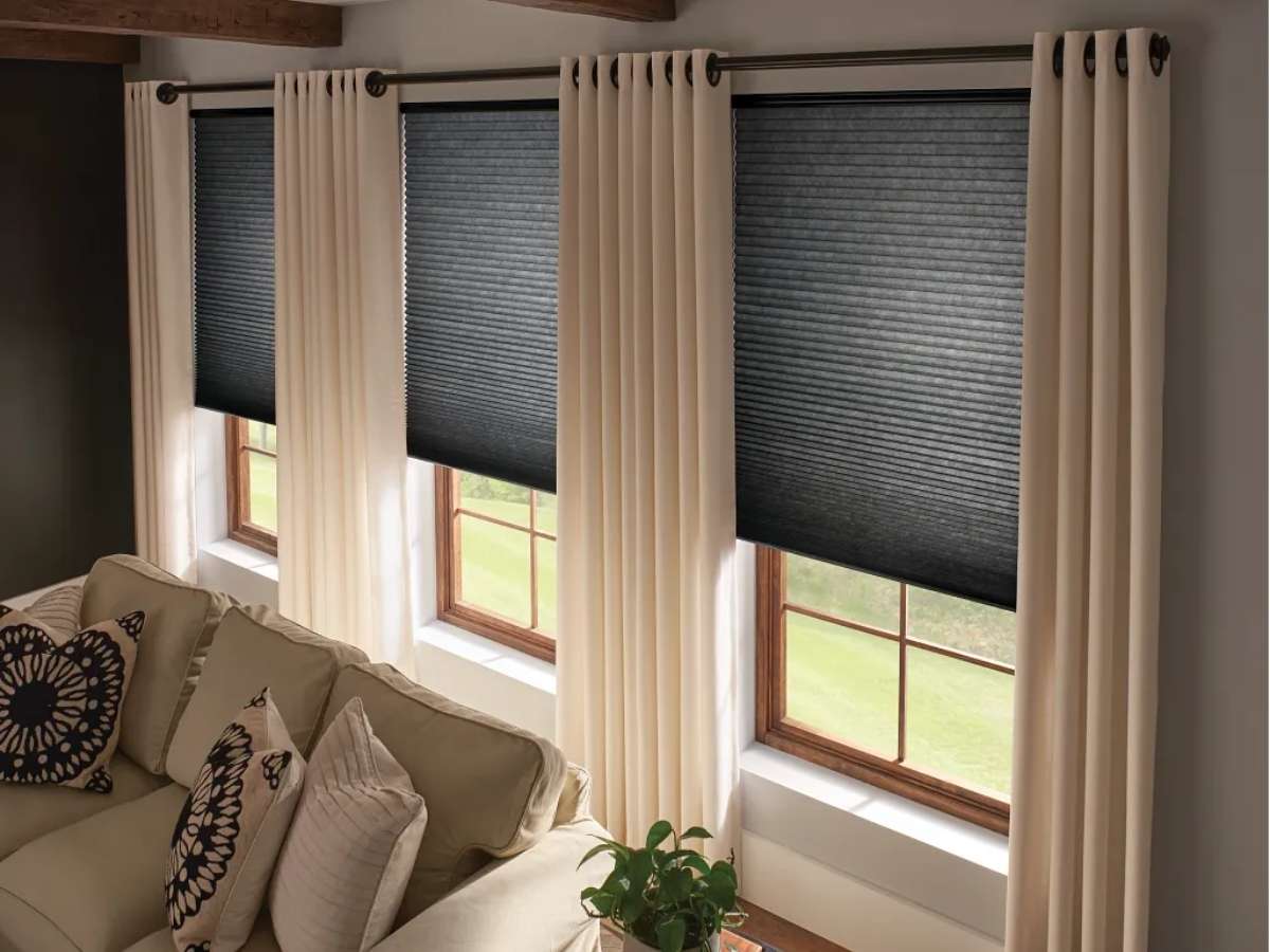Graber Double Cell Cellular Shades with Drapes in Living Room