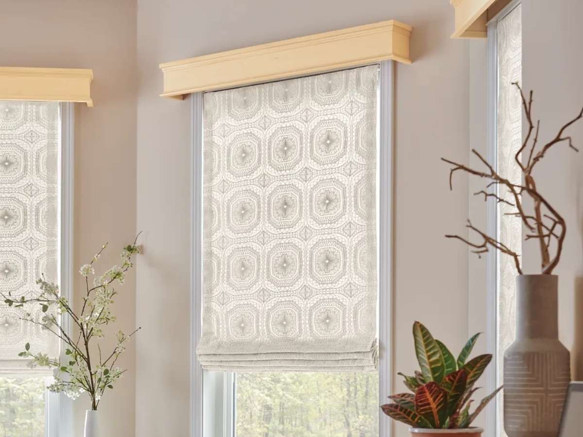 Graber Patterned Roman Shades with Noble Cornice