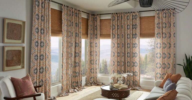 Horizons Patterned Drapery in White Boho-style Living Room