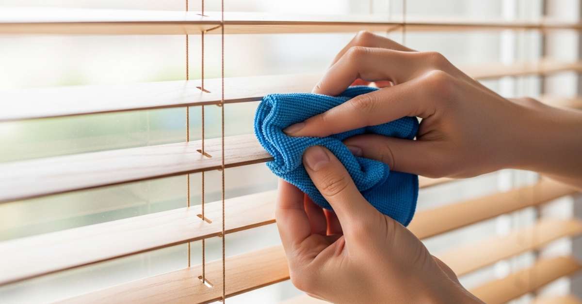Cleaning wood blinds with a microfiber cloth