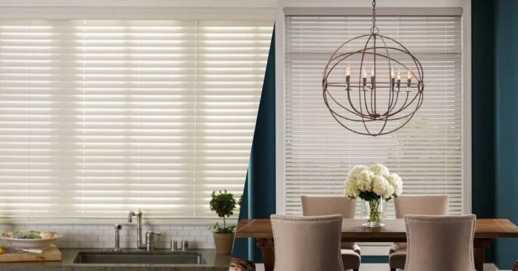 faux wood blinds in a kitchen and wood blinds in a dining room