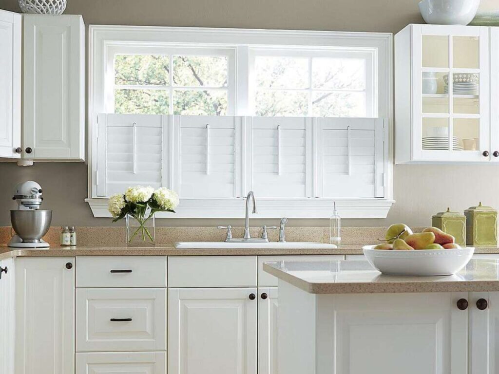 graber white composite shutters in a white kitchen
