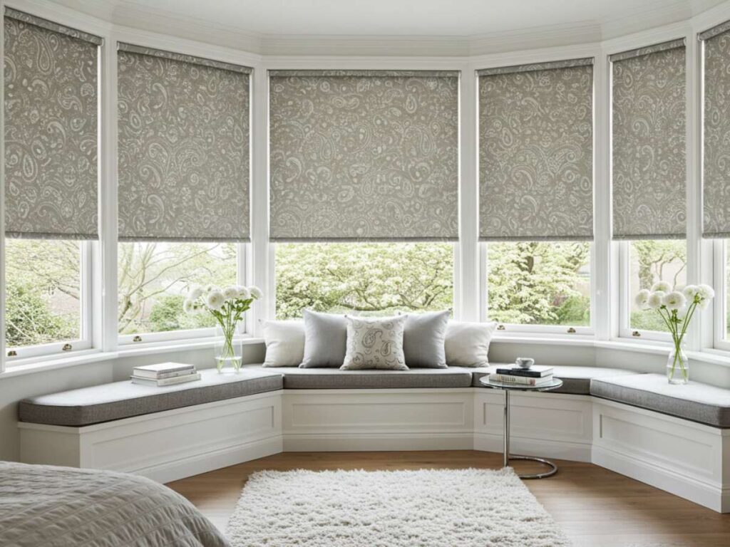 Patterned Roller Shades in Bedroom Bay Window