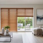faux wood blinds for a sliding door in a living room