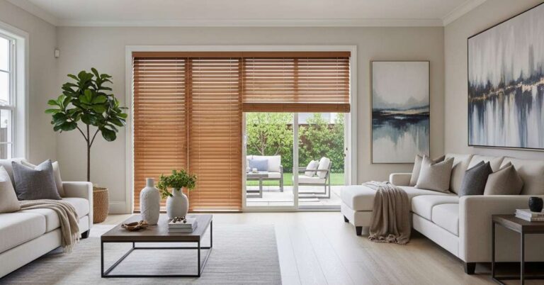 faux wood blinds for a sliding door in a living room