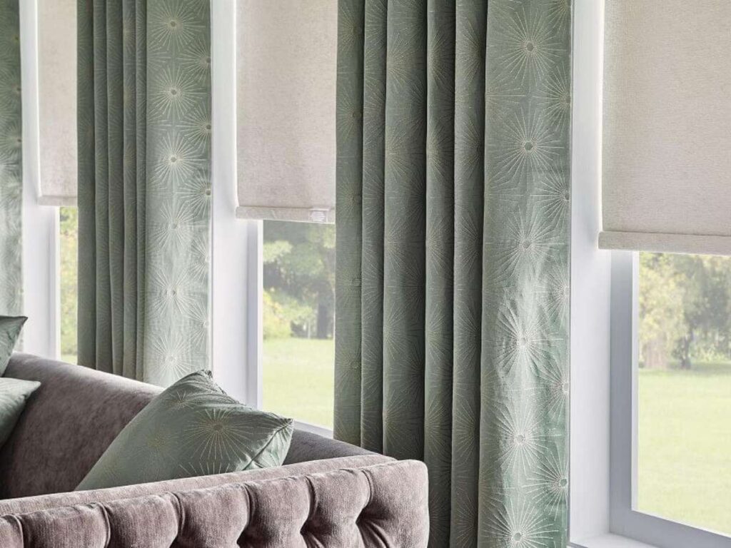 graber printed drapery in a living room