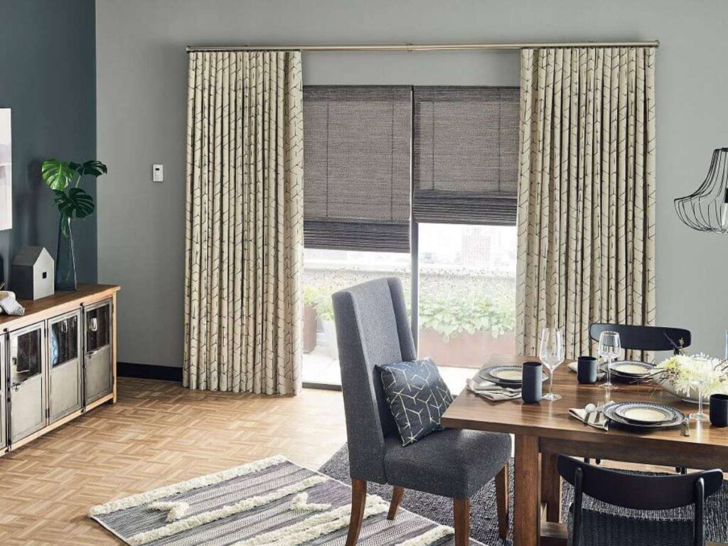 graber black and white printed drapery in a dining room