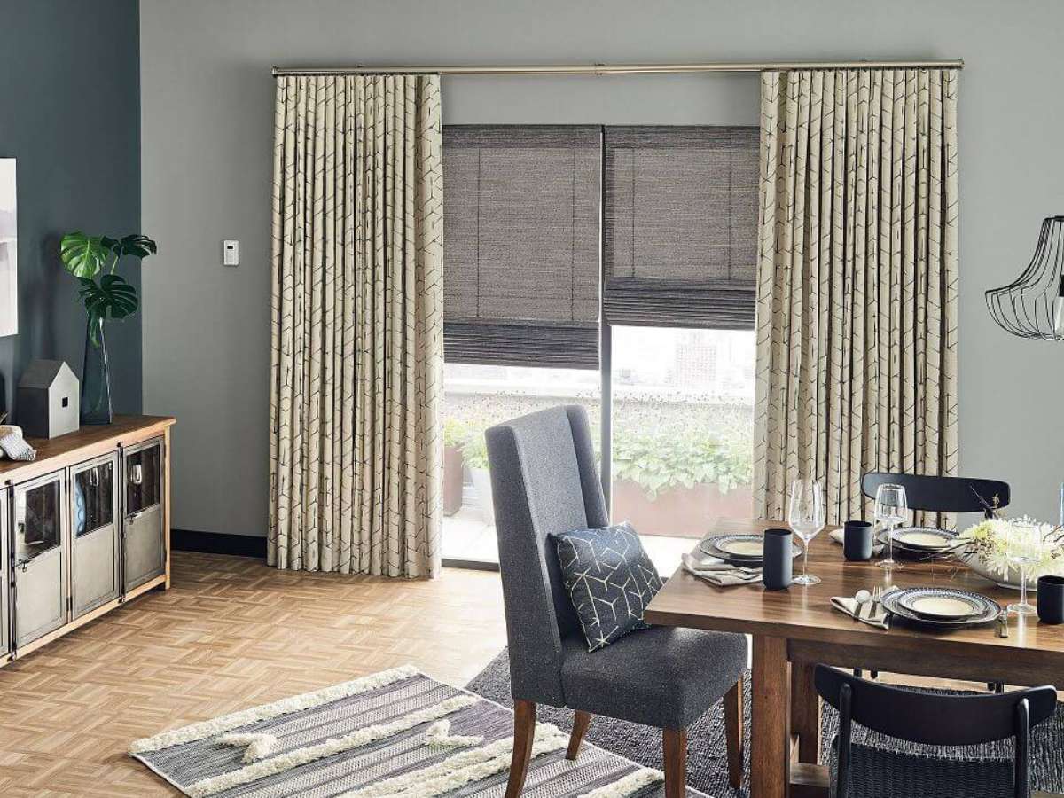 graber black and white printed drapery in a dining room