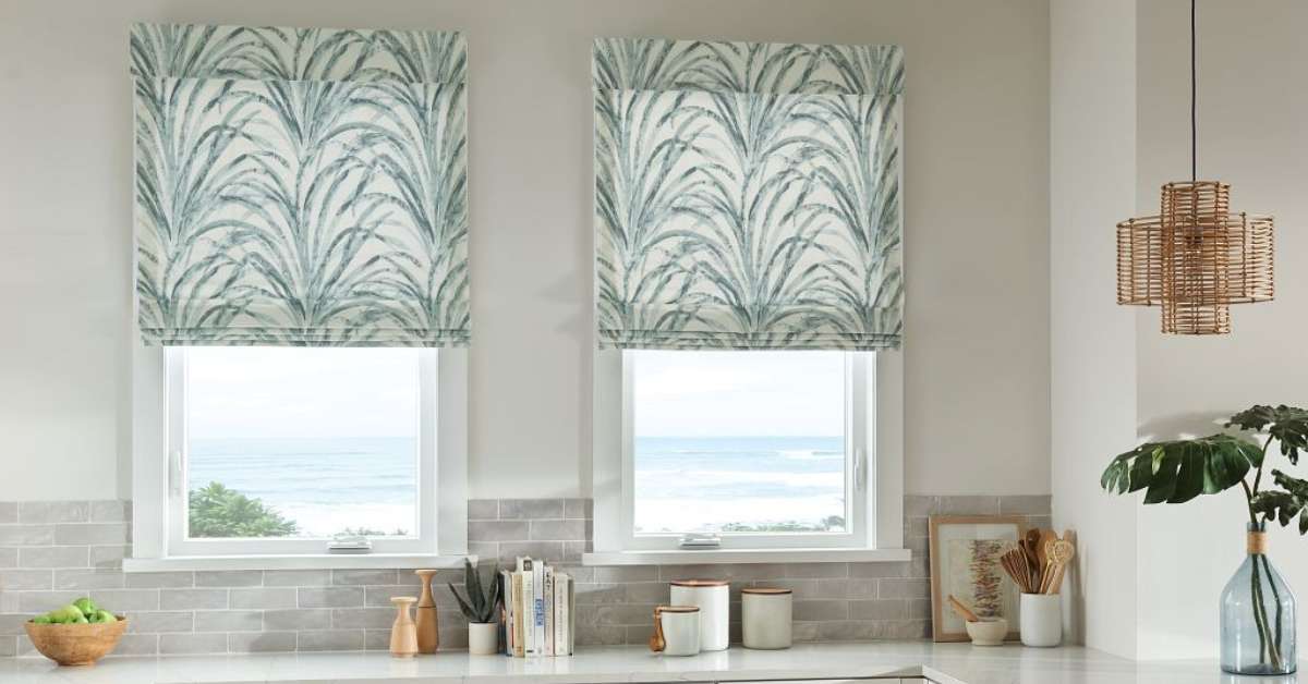 Horizons Leaf Patterned Roman Shades in Kitchen Windows