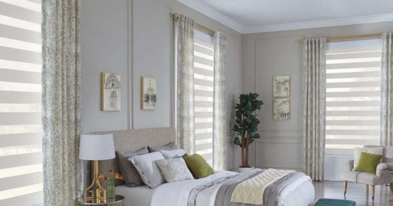 printed drapery panels in a bedroom