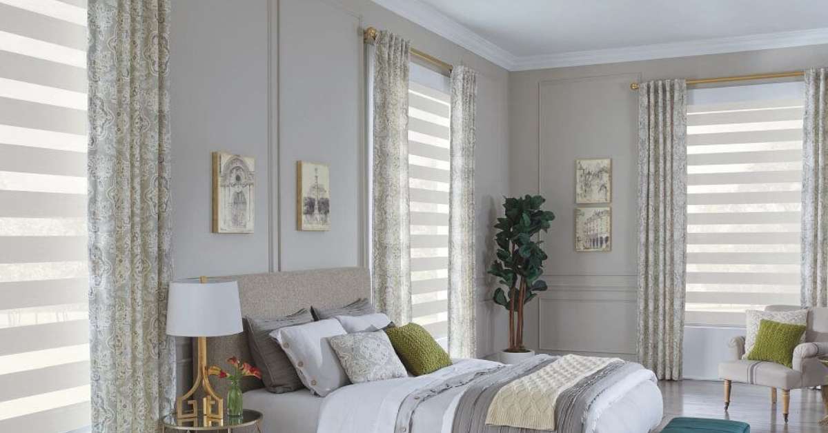 printed drapery panels in a bedroom