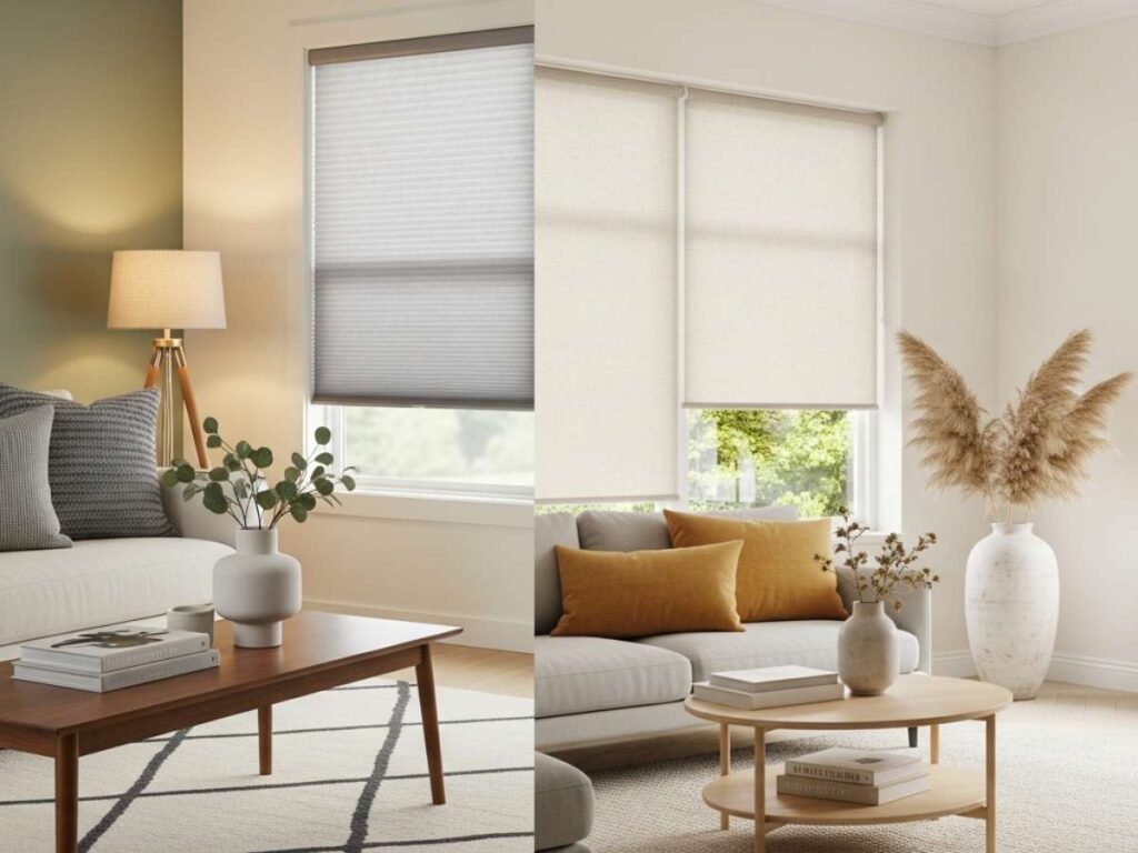 cellular shades vs. roller shades in a living room