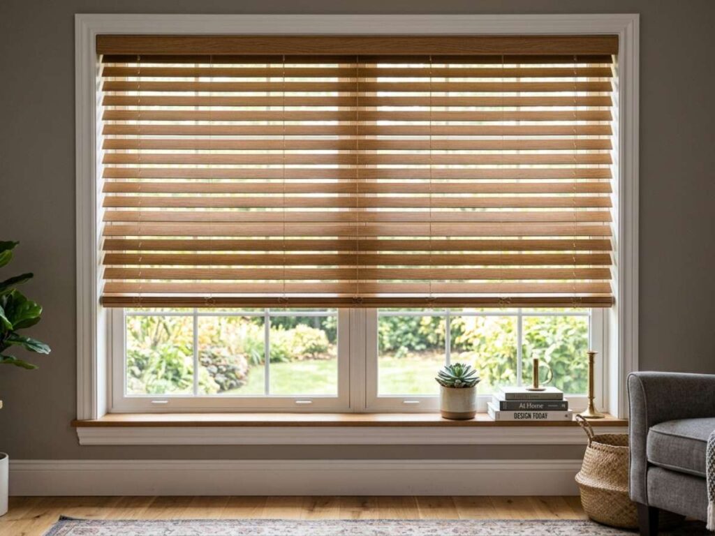 This is a picture of a cordless faux wood blinds