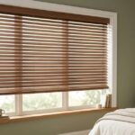 Cordless faux wood blinds in a bedroom