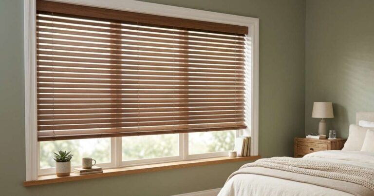 Cordless faux wood blinds in a bedroom