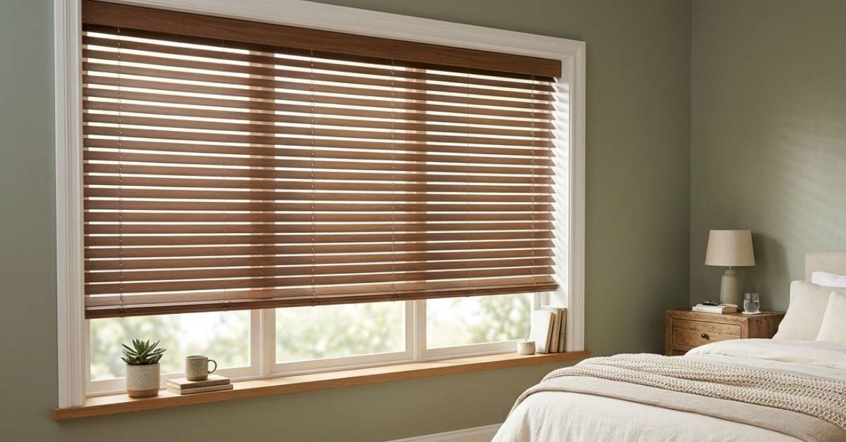 Cordless faux wood blinds in a bedroom