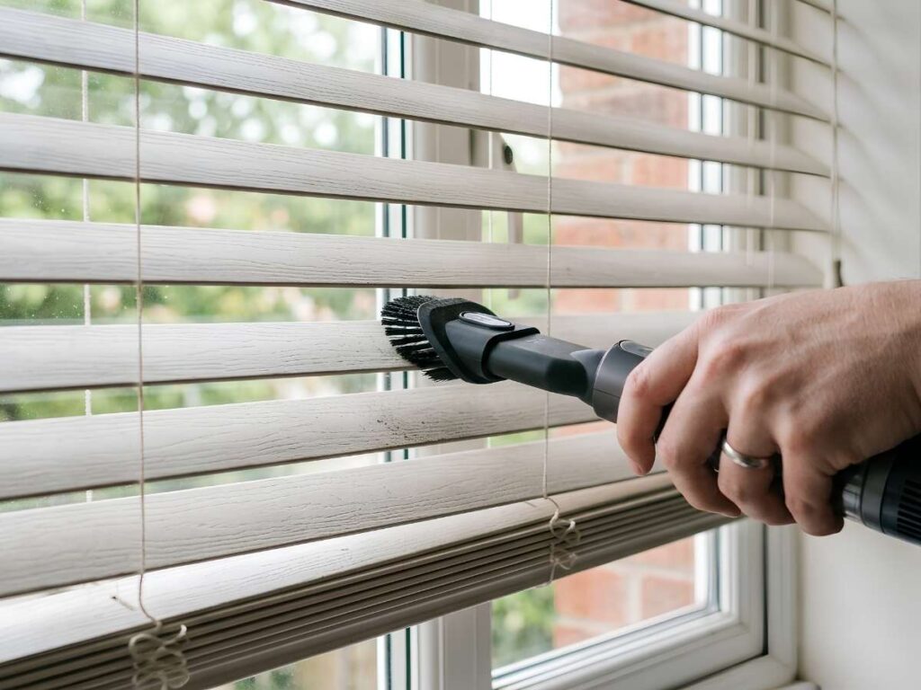 Hand Vacuum with Brush Attachment for Slats of Faux Wood Blinds