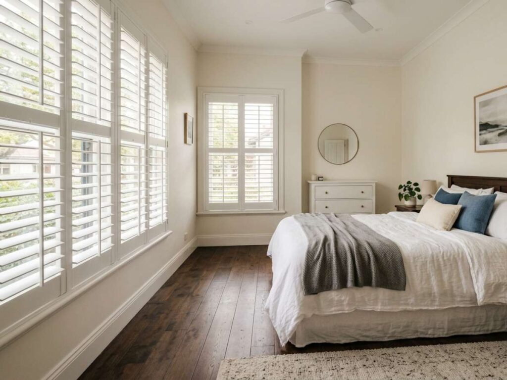 White Wood Shutters in Bedroom