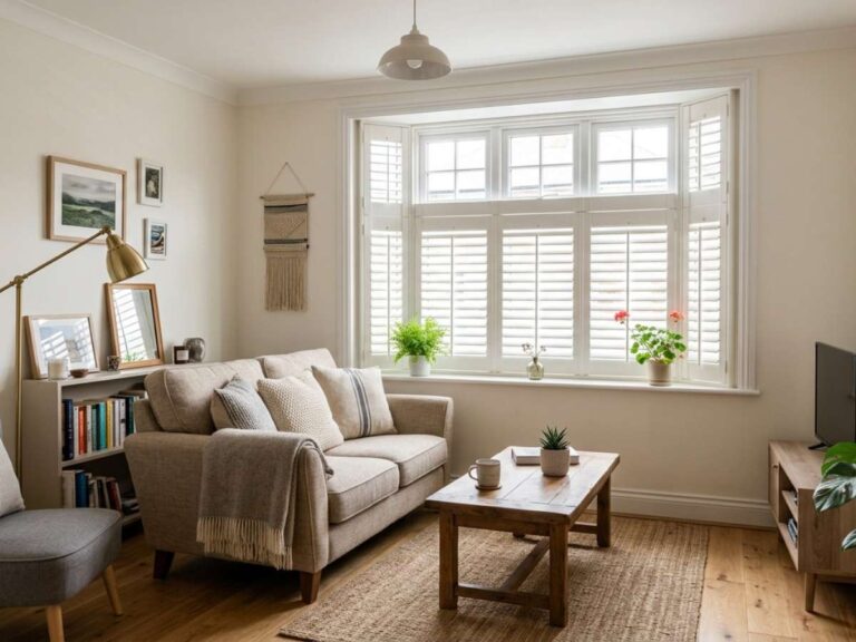 White Wood Shutters in Small Living Room