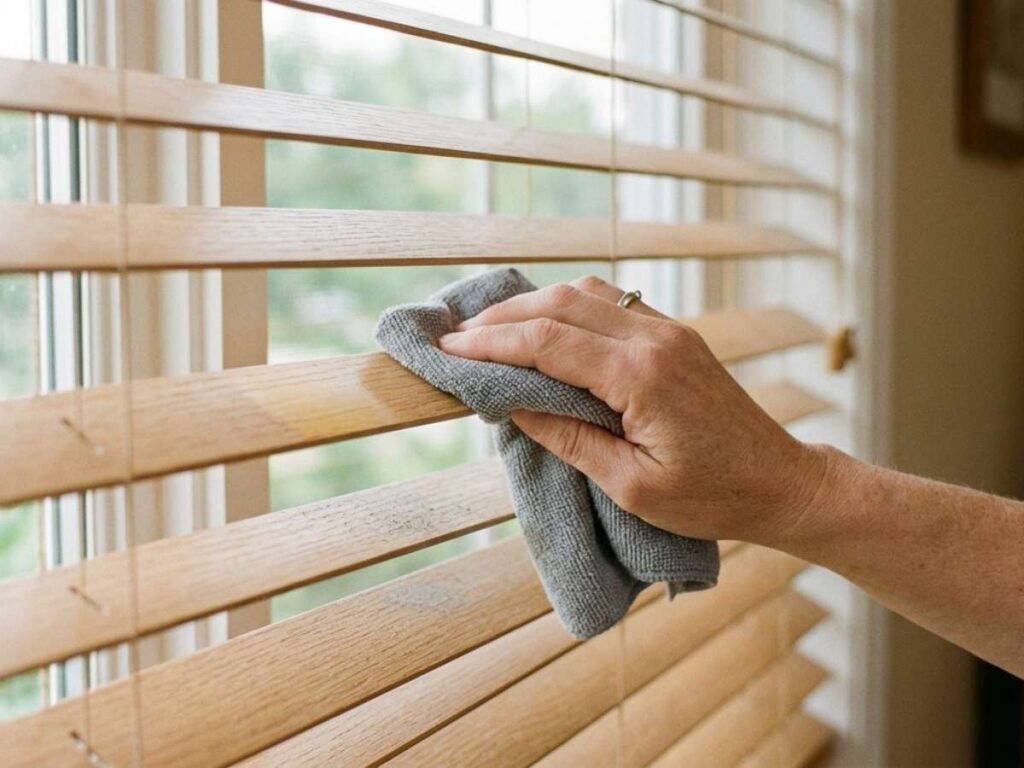 Wiping Slats of Faux Wood Blinds Using Microfiber Cloth