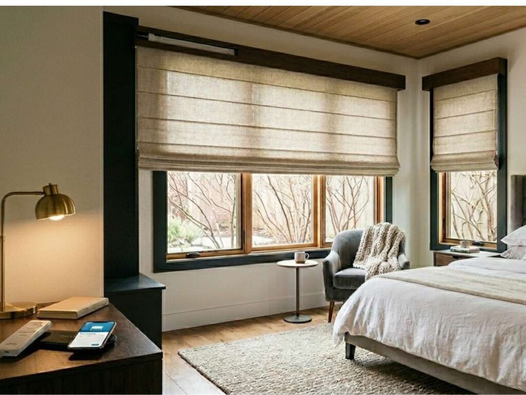 This is a poto of an automated roman shades in a bedroom, remote and smart home app in the phone in the foreground