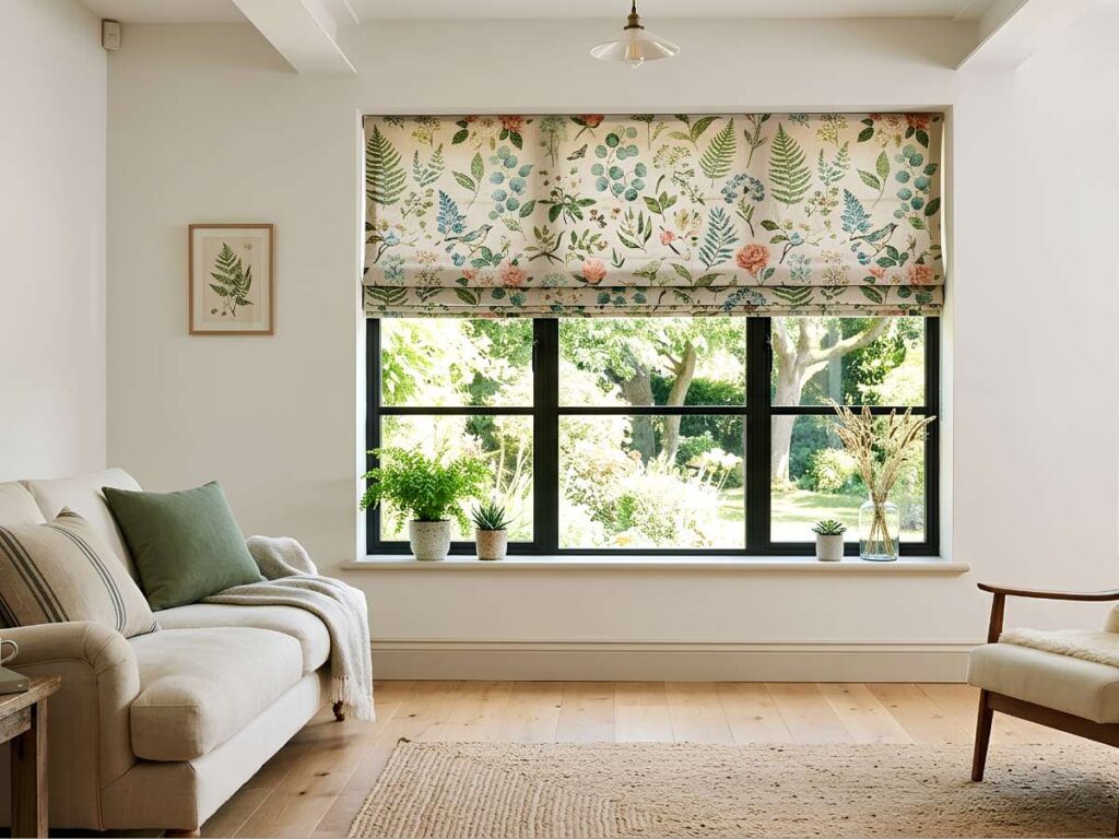 Botanical Patterned Roman Shade-Plain Living Room