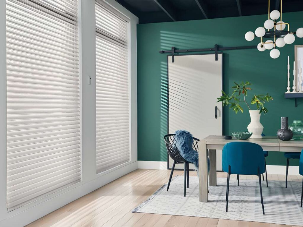 This is a photo of a motorized sheer shades in a dining room