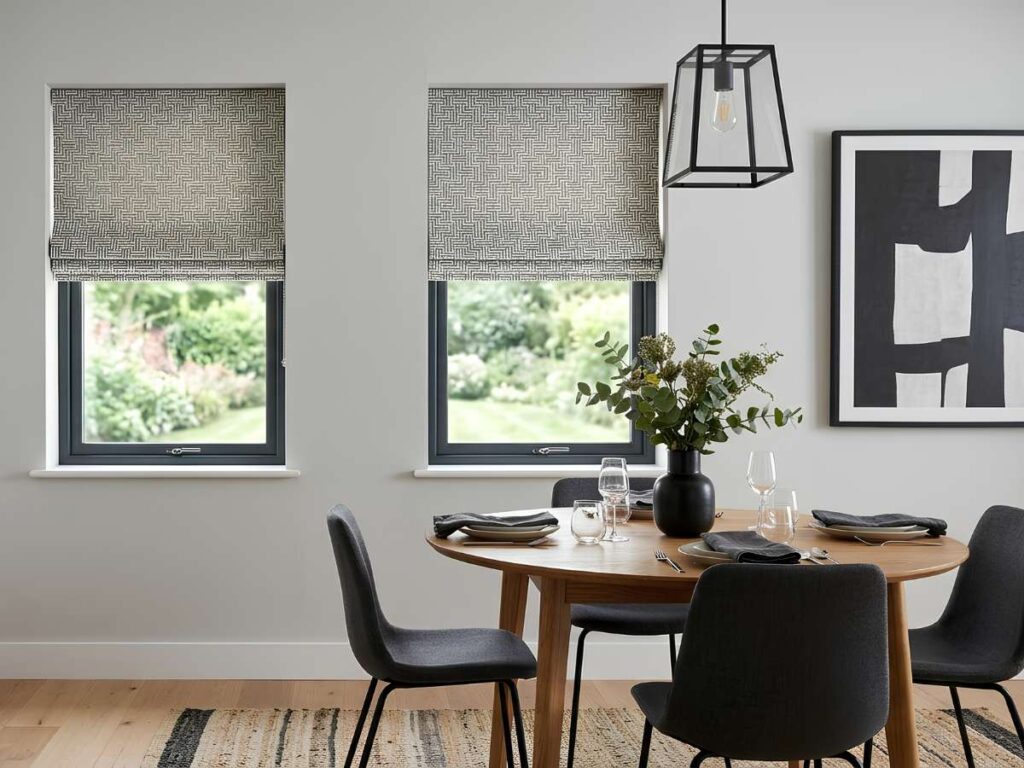 Minimalist Geometric Patterned Roman Shade Modern Dining Room
