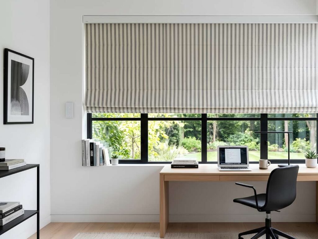 Motorized Patterned Roman Shade Paired Stripes Modern Study Room