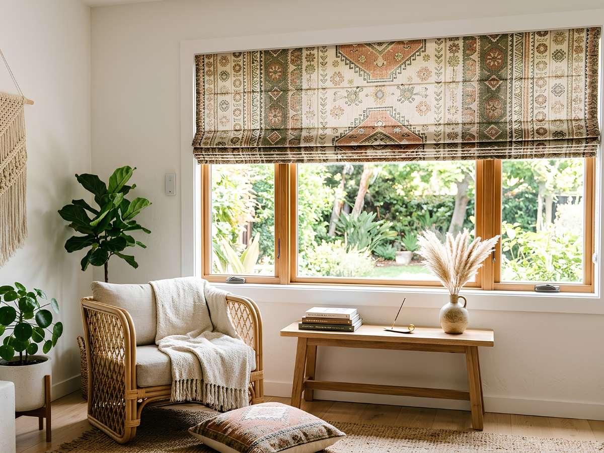 Patterned Roman Shade Paired Stripes Boho Living Room
