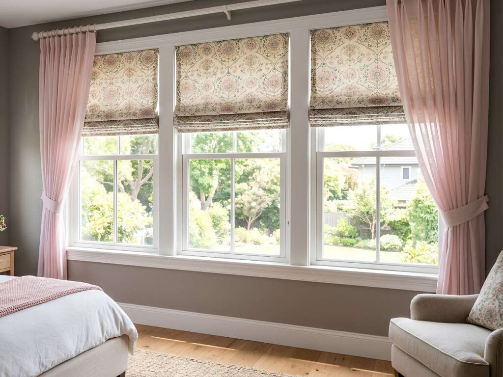 Patterned Roman Shade Paired with Sheer Drapes-Bedroom