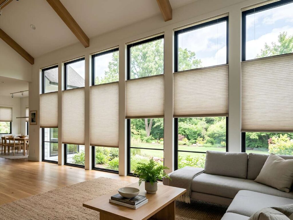 Cellular Shades Wide Living Room