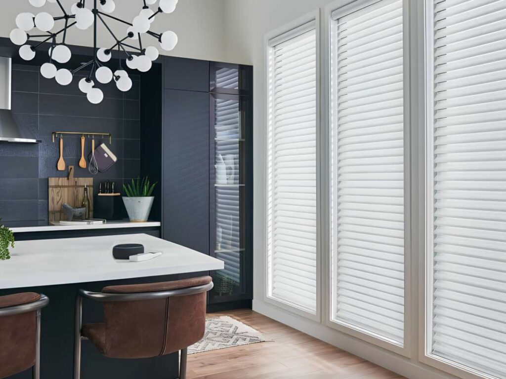Motorized sheer shades in a kitchen