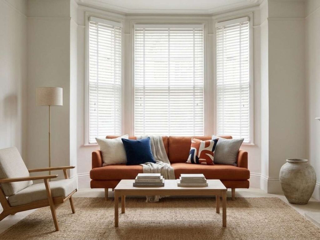 This is a photo of a white wood blinds for bay windows