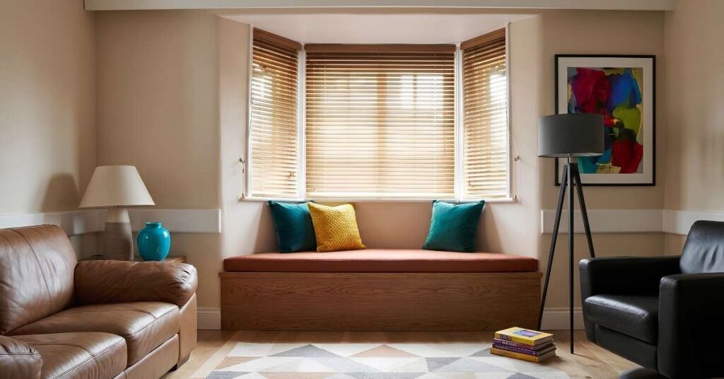 This is a photo of a wood blinds for bay windows