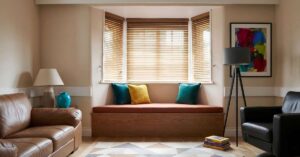 This is a photo of a wood blinds for bay windows
