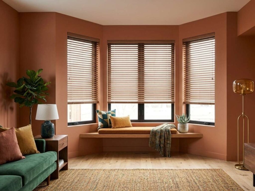 This is a photo of a wood blinds for bay windows