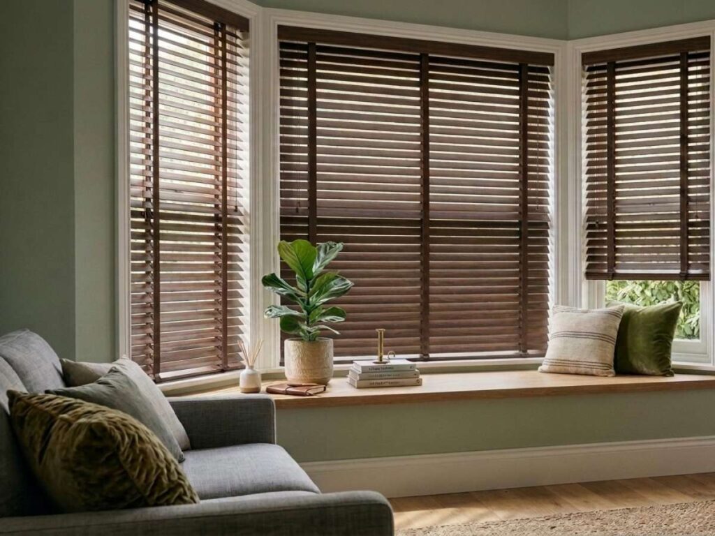 This is a photo of a wood blinds for bay windows, dark wood finish