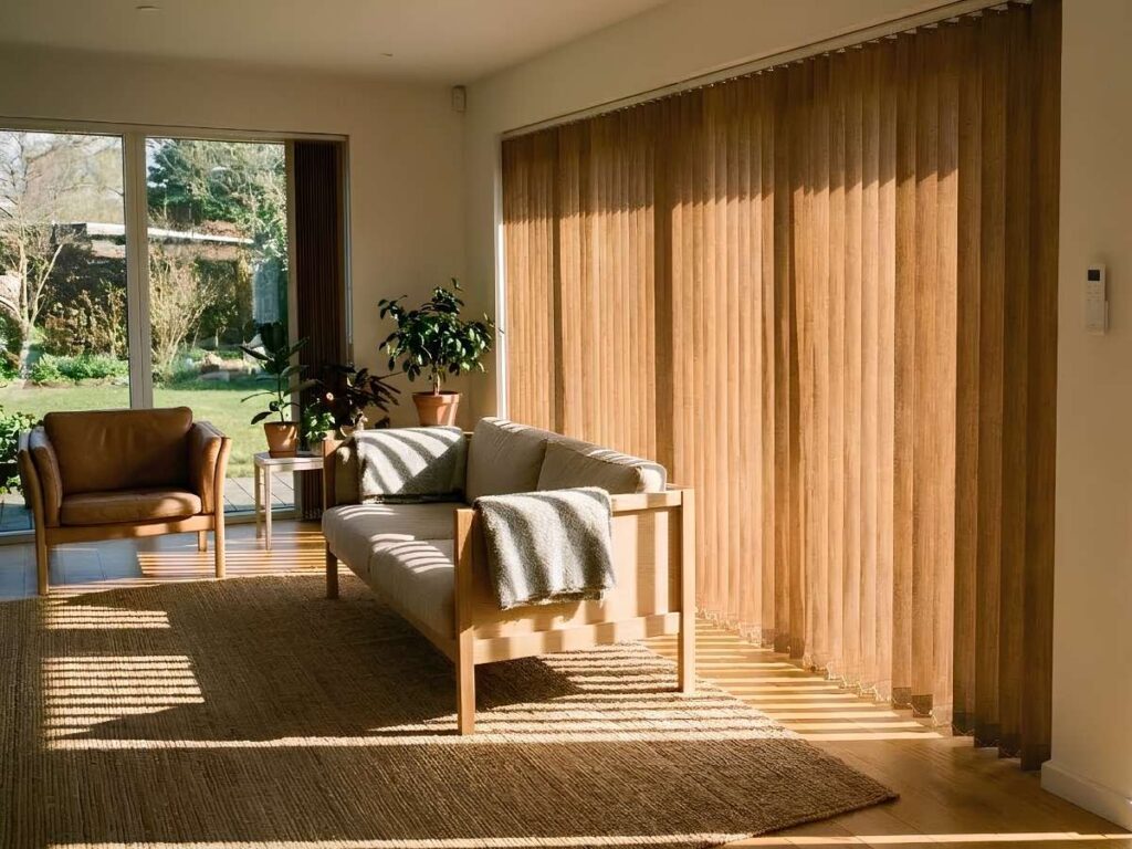 Motorized Vertical Blinds Living Room Light Brown Slats