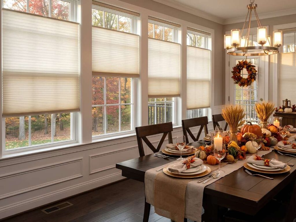 Thanksgiving Window Ideas Cellular Shades in a Dining Room