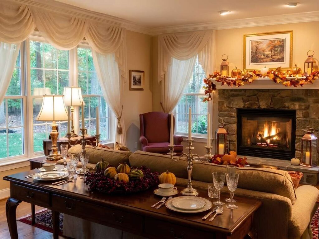 Thanksgiving Window Ideas Elegant Drapes in a Livin Room with Fireplace
