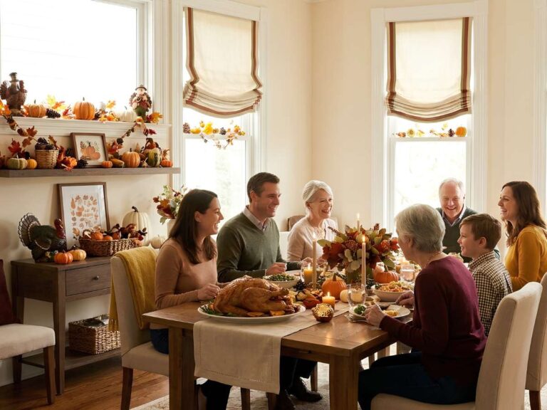 Thanksgiving Window Ideas Thanksgiving Meal Roman Shades in a Dining Room